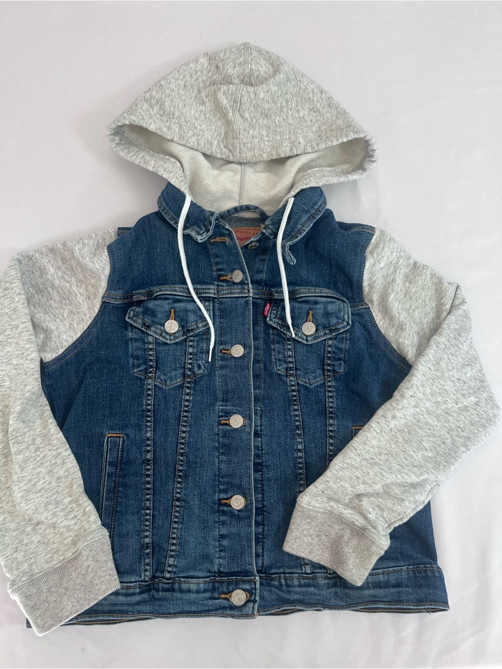 Levi's Blue Denim Jacket with Gray Hoodie Sleeves